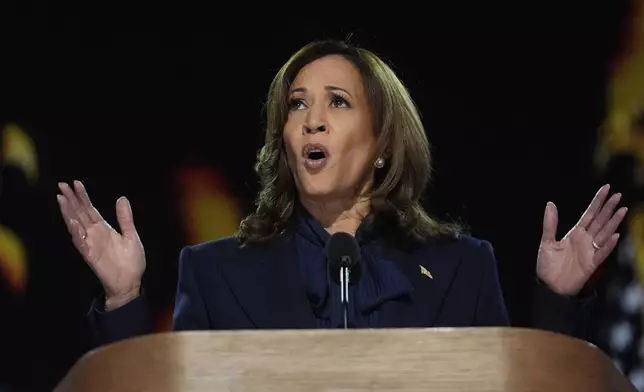 Democratic presidential nominee Vice President Kamala Harris speaks during the Democratic National Convention Thursday, Aug. 22, 2024, in Chicago. (AP Photo/Paul Sancya)