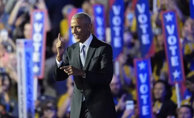 Former President Barack Obama speaks during the Democratic National Convention Tuesday, Aug. 20, 2024, in Chicago. (AP Photo/Charles Rex Arbogast)