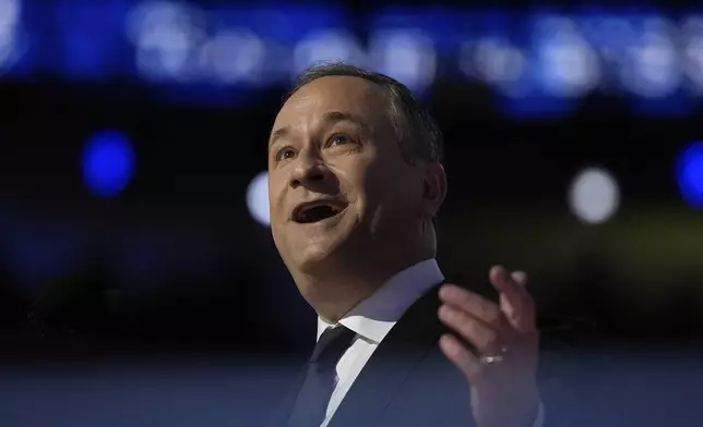 Second gentleman Douglas Emhoff speaks during the Democratic National Convention Tuesday, Aug. 20, 2024, in Chicago. (AP Photo/Erin Hooley)