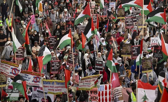 Protesters march during a demonstration outside the Democratic National Convention Wednesday, Aug. 21, 2024, in Chicago. (AP Photo/Noah Berger)