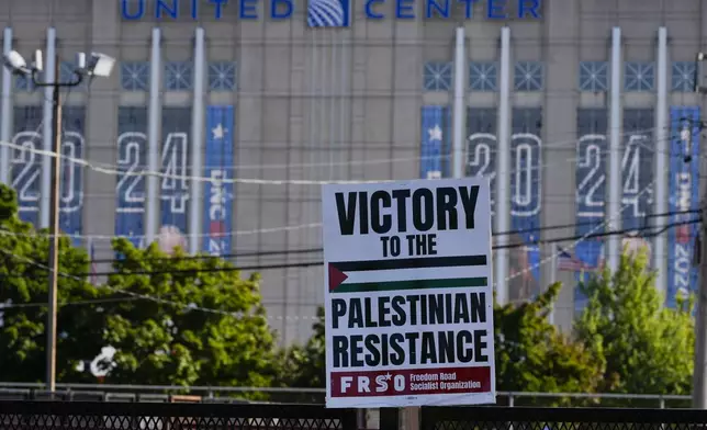 Protesters march to the Democratic National Convention after a rally at Union Park Monday, Aug. 19, 2024, in Chicago. (AP Photo/Alex Brandon)