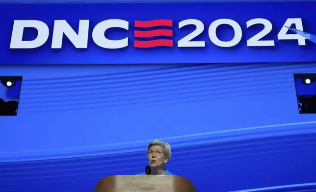 Sen. Elizabeth Warren, D-Mass., speaks during the Democratic National Convention Thursday, Aug. 22, 2024, in Chicago. (AP Photo/Paul Sancya)