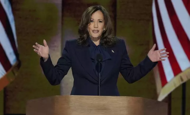 Democratic presidential nominee Vice President Kamala Harris speaks during the Democratic National Convention Thursday, Aug. 22, 2024, in Chicago. (AP Photo/J. Scott Applewhite)