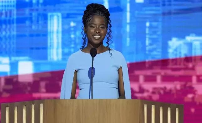 Amanda Gorman, National Youth Poet Laureate, recites a poem during the Democratic National Convention Wednesday, Aug. 21, 2024, in Chicago. (AP Photo/J. Scott Applewhite)