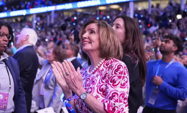 Rep. Nancy Pelosi, D-Calif., watches during the Democratic National Convention Tuesday, Aug. 20, 2024, in Chicago. (AP Photo/Erin Hooley)