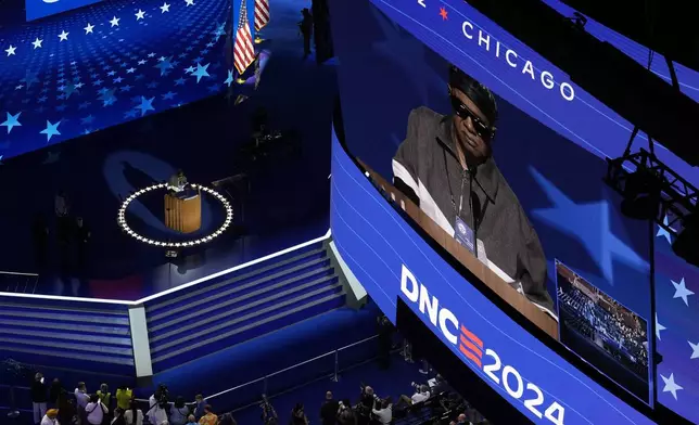 Stevie Wonder is seen during a mic check before the Democratic National Convention Wednesday, Aug. 21, 2024, in Chicago. (AP Photo/Morry Gash)