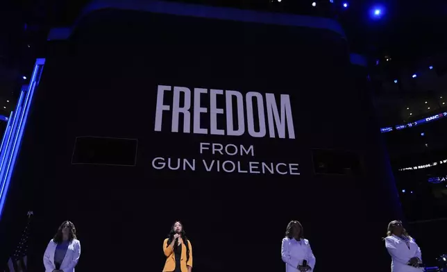 Kim Rubio, of Uvalde, Texas, speaks during the Democratic National Convention Thursday, Aug. 22, 2024, in Chicago. (AP Photo/Brynn Anderson)