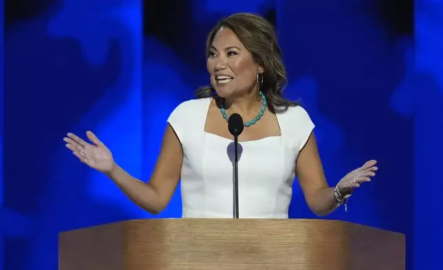 Rep. Veronica Escobar, D-Texas, speaks during the Democratic National Convention Thursday, Aug. 22, 2024, in Chicago. (AP Photo/J. Scott Applewhite)