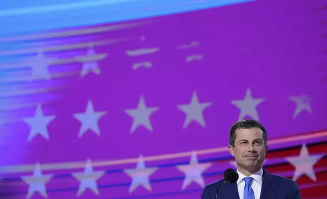 Transportation Secretary Pete Buttigieg speaks during the Democratic National Convention Wednesday, Aug. 21, 2024, in Chicago. (AP Photo/Brynn Anderson)