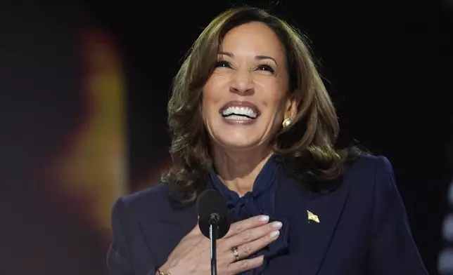 Democratic presidential nominee Vice President Kamala Harris speaks during the Democratic National Convention Thursday, Aug. 22, 2024, in Chicago. (AP Photo/Paul Sancya)