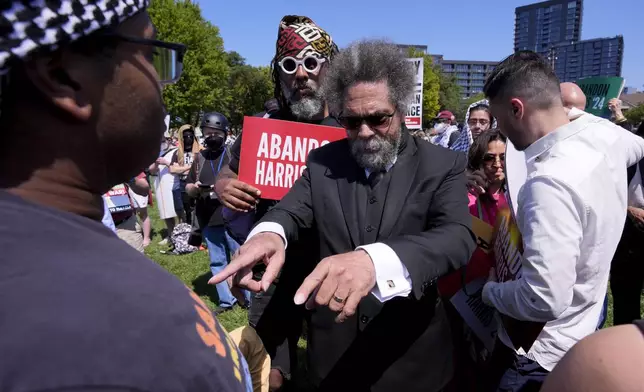 Progressive activist Cornel West gestures during a demonstration prior to a march to the Democratic National Convention Monday, Aug. 19, 2024, in Chicago. (AP Photo/Alex Brandon)