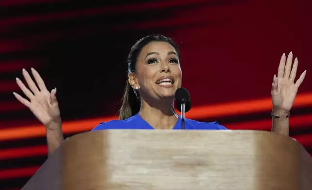 Eva Longoria speaks during the Democratic National Convention Thursday, Aug. 22, 2024, in Chicago. (AP Photo/Brynn Anderson)