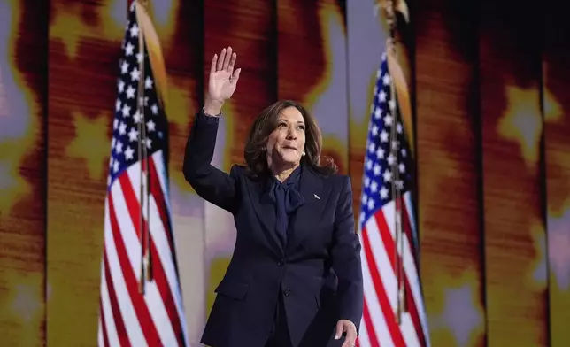 Democratic presidential nominee Vice President Kamala Harris speaks during the Democratic National Convention Thursday, Aug. 22, 2024, in Chicago. (AP Photo/Brynn Anderson)