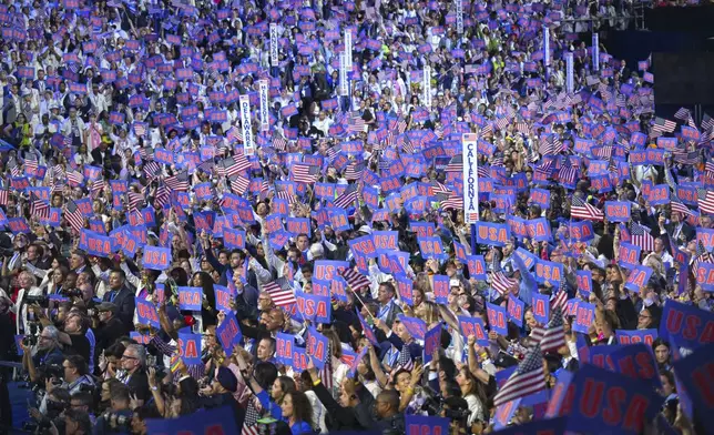 Democrats show their support during the Democratic National Convention at the United Center in Chicago Thursday, Aug. 22, 2024. (Jose F. Moreno/The Philadelphia Inquirer via AP)