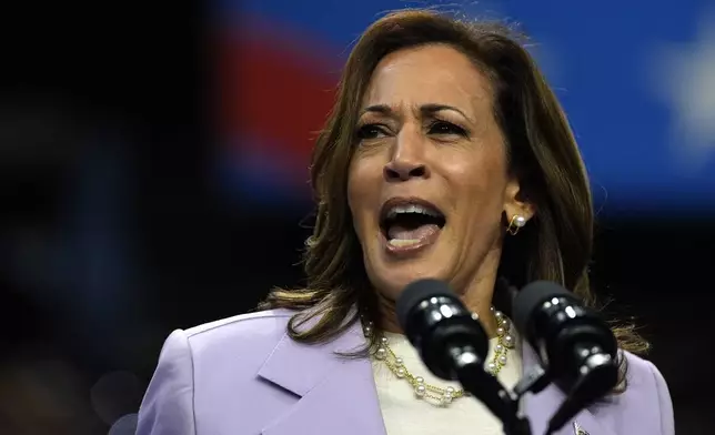 FILE - Democratic presidential nominee Vice President Kamala Harris speaks at a campaign rally, Aug. 10, 2024, in Las Vegas. (AP Photo/Julia Nikhinson, File)