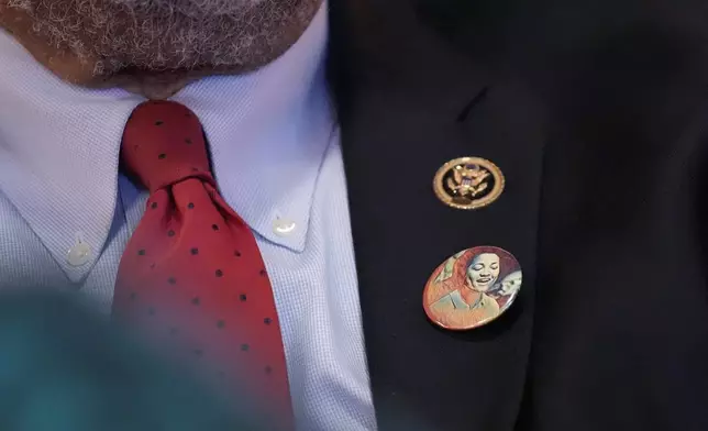 U.S. Rep. Bennie Thompson, D-Miss., wears a commemorative pin with the face of a young Civil Rights activist Euvester Simpson, June 8, 2024, in Winona, Miss., during the unveiling of a Mississippi Freedom Trail marker commemorating the brutality faced by her and other civil rights activists who were arrested in June 1963, at a bus station in Winona as they returned from an out-of-state citizenship training session. (AP Photo/Rogelio V. Solis)
