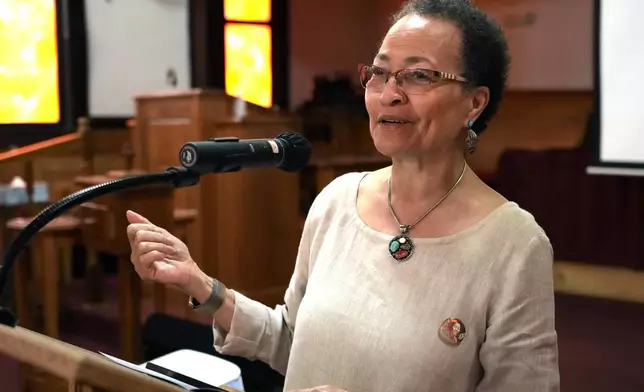 Euvester Simpson speaks June 8, 2024, in Winona, Miss., during the unveiling of a Mississippi Freedom Trail marker commemorating the brutality faced by her and other civil rights activists who were arrested in June 1963, at a bus station in Winona, as they returned from an out-of-state citizenship training session. (AP Photo/Rogelio V. Solis)