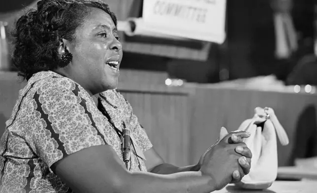 FILE - Fannie Lou Hamer, a leader of the Mississippi Freedom Democratic Party, testifies before the credentials committee of the Democratic National Convention in Atlantic City, N.J., on Aug. 22, 1964, as her racially integrated group challenged the seating of the all-white Mississippi delegation. (AP Photo, File)
