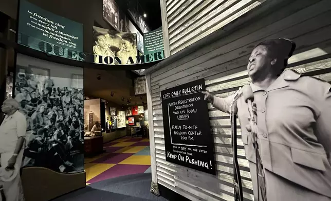 A life-size standee of Fannie Lou Hamer points to the "I Question America" is shown in an exhibit in the Mississippi Civil Rights Museum on Wednesday, Aug. 14, 2024, in Jackson, Miss. (AP Photo/Stephen Smith)