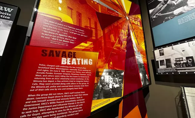 Information about the 1963 beating of civil rights activists at a jail in Winona, Miss., is shown in an exhibit in the Mississippi Civil Rights Museum on Wednesday, Aug. 14, 2024, in Jackson, Miss. (AP Photo/Stephen Smith)