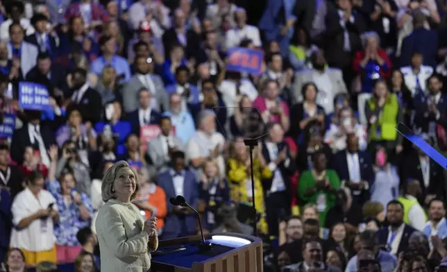 Hillary Clinton speaks during the Democratic National Convention Monday, Aug. 19, 2024, in Chicago. (AP Photo/Matt Rourke)