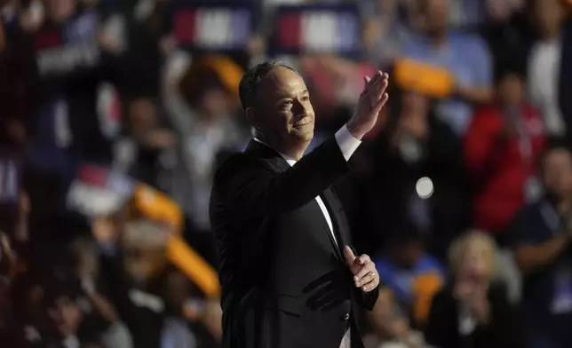 Second gentleman Douglas Emhoff speaks during the Democratic National Convention Tuesday, Aug. 20, 2024, in Chicago. (AP Photo/Paul Sancya)