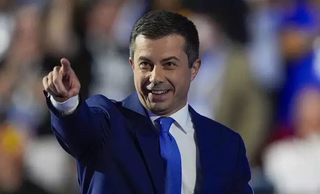 Transportation Secretary Pete Buttigieg speaks during the Democratic National Convention Wednesday, Aug. 21, 2024, in Chicago. (AP Photo/Charles Rex Arbogast)