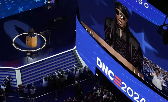 Stevie Wonder speaks during the Democratic National Convention Wednesday, Aug. 21, 2024, in Chicago. (AP Photo/Morry Gash)