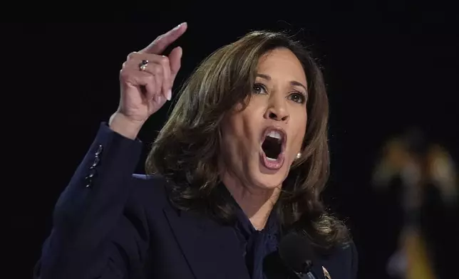 Democratic presidential nominee Vice President Kamala Harris speaks during the Democratic National Convention Thursday, Aug. 22, 2024, in Chicago. (AP Photo/Brynn Anderson)