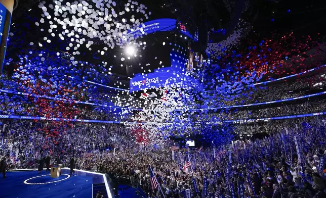 The balloon drop during the Democratic National Convention Thursday, Aug. 22, 2024, in Chicago. (AP Photo/Matt Rourke)