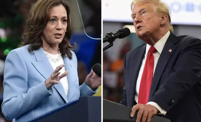 This combination of photos taken at campaign rallies in Atlanta shows Vice President Kamala Harris on July 30, 2024, left, and Republican presidential candidate former President Donald Trump on Aug. 3. (AP Photo)