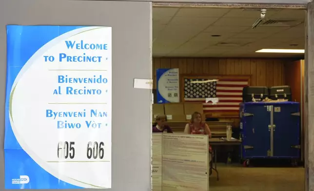 Poll workers wait for voters at a polling station inside the American Legion in South Miami, Fla., during voting in Florida's primary election, Tuesday, Aug. 20, 2024. (AP Photo/Rebecca Blackwell)