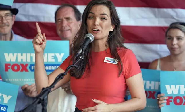 Whitney Fox, Democratic candidate for Florida's 13th congressional district, speaks to supporters during her primary night election watch party Tuesday, Aug. 20, 2024, in Dunedin, Fla. (AP Photo/Chris O'Meara)