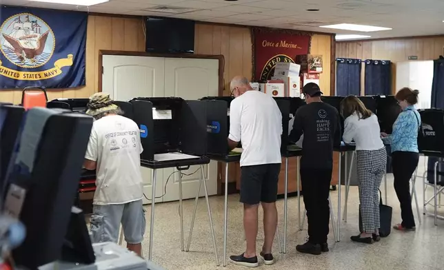 Voters fill in their ballots for Florida's primary election, at a polling station inside the American Legion in South Miami, Fla., Tuesday, Aug. 20, 2024. (AP Photo/Rebecca Blackwell)