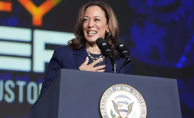 FILE - Vice President Kamala Harris delivers remarks at a Sigma Gamma Rho Sorority gathering in Houston, July 31, 2024, in Houston. (AP Photo/LM Otero, File)