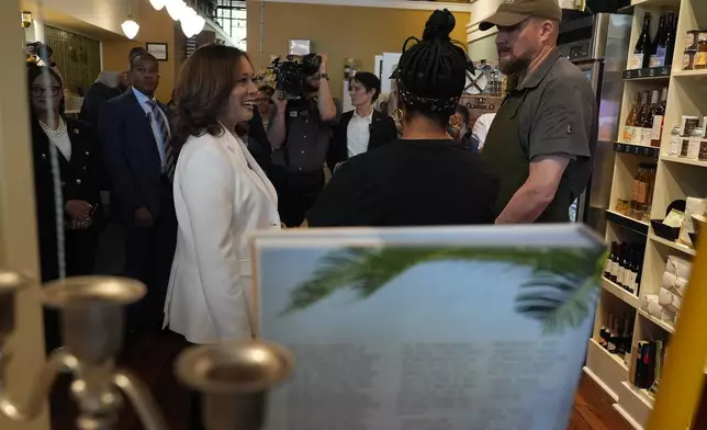 Democratic presidential nominee Vice President Kamala Harris talks during a stop at Dottie's Market in Savannah, Ga., Thursday, Aug. 29, 2024. (AP Photo/Jacquelyn Martin)