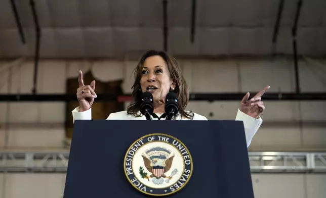 Democratic presidential nominee Vice President Kamala Harris speaks at a campaign rally Wednesday, Aug. 7, 2024, in Romulus, Mich. (AP Photo/Julia Nikhinson)