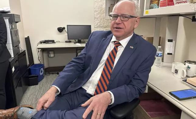 FILE - Democratic Minnesota Gov. Tim Walz in the press room at the State Capitol, on March 13, 2024, in St. Paul, Minn. (AP Photo/Steve Karnowski, File)