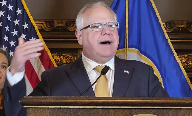 FILE - Democratic Minnesota Gov. Tim Walz speaks at a news conference at the Minnesota State Capitol in St. Paul, Aug. 16, 2023. (AP Photo/Steve Karnowski, File)