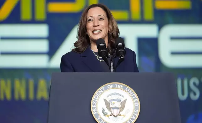 Vice President Kamala Harris delivers remarks at a Sigma Gamma Rho Sorority gathering in Houston, Wednesday, July 31, 2024, in Houston. (AP Photo/Mat Otero)