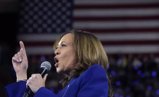 Democratic presidential nominee Vice President Kamala Harris speaks at the Fiserv Forum during a campaign rally in Milwaukee, Tuesday, Aug. 20, 2024. (AP Photo/Jacquelyn Martin)