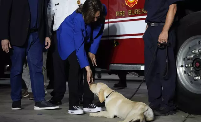 Democratic presidential nominee Vice President Kamala Harris greets a dog and members of the Aliquippa City Fire Department during a campaign stop at a fire house, Sunday, Aug. 18, 2024, in Aliquippa, Pa. (AP Photo/Julia Nikhinson)