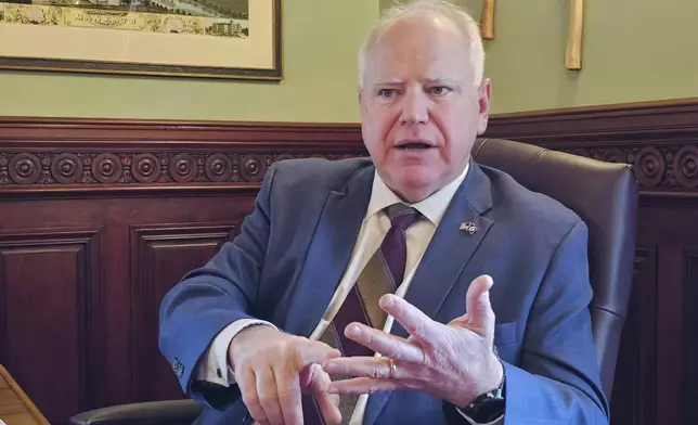 FILE - Minnesota Gov. Tim Walz discusses the upcoming 2024 legislative session during an interview at his office in the state Capitol, Feb. 7, 2024. (AP Photo/Steve Karnowski, File)