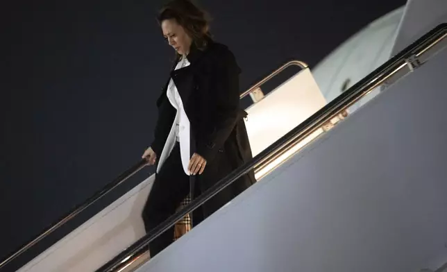 Democratic presidential nominee Vice President Kamala Harris disembarks from Air Force Two upon arrival at Joint Base Andrews, Md/. Thursday, Aug. 29, 2024. (Saul Loeb/Pool via AP)