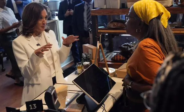 Democratic presidential nominee Vice President Kamala Harris talks during a stop at Dottie's Market in Savannah, Ga., Thursday, Aug. 29, 2024. (AP Photo/Jacquelyn Martin)