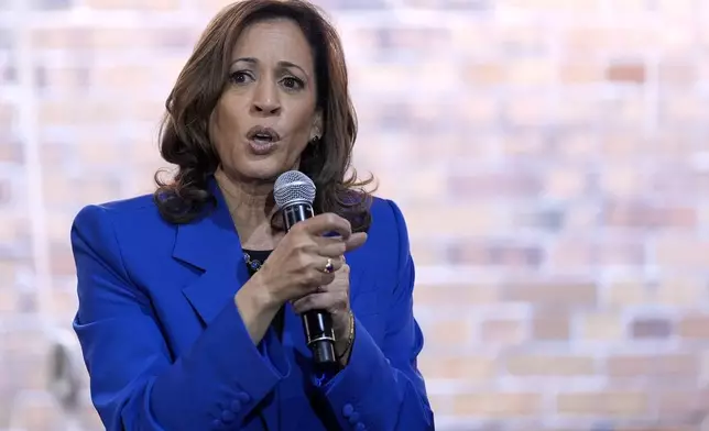 Democratic presidential nominee Vice President Kamala Harris speaks at a campaign event, Sunday, Aug. 18, 2024, in Rochester, Pa. (AP Photo/Julia Nikhinson)