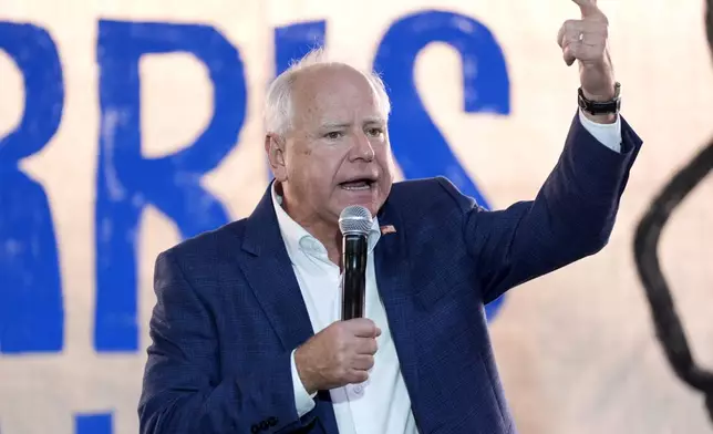 Democratic vice presidential nominee Minnesota Gov. Tim Walz speaks at a campaign event, Sunday, Aug. 18, 2024, in Rochester, Pa. (AP Photo/Julia Nikhinson)