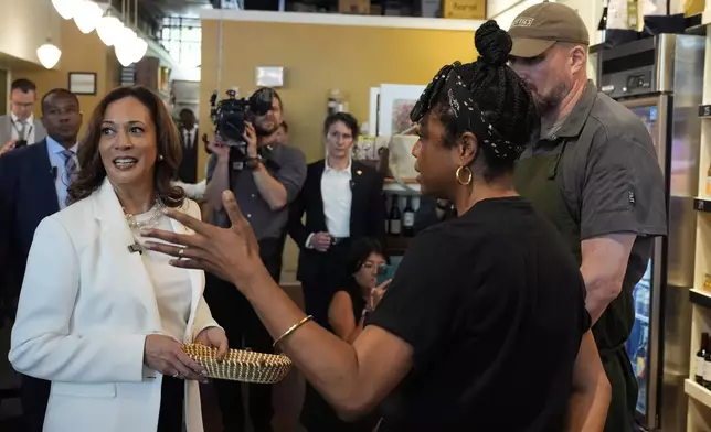 Democratic presidential nominee Vice President Kamala Harris talks during a stop at Dottie's Market in Savannah, Ga., Thursday, Aug. 29, 2024. (AP Photo/Jacquelyn Martin)