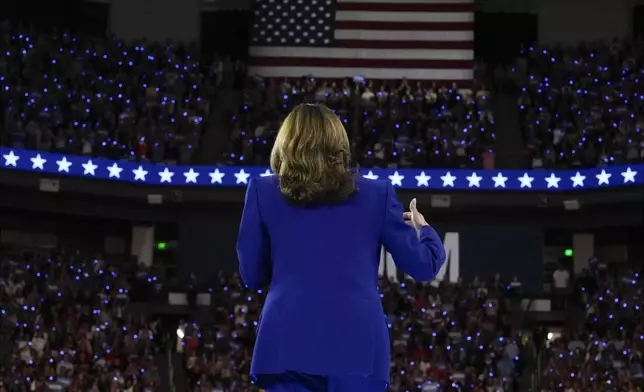 Democratic presidential nominee Vice President Kamala Harris speaks during a campaign rally in Milwaukee, Tuesday, Aug. 20, 2024. (AP Photo/Jacquelyn Martin)