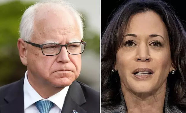 FILE - This combo image shows Democratic vice presidential running mate Minnesota Gov. Tim Walz, July 3, 2024, left, and Democratic presidential nominee Vice President Kamala Harris, Jan. 9, 2024, right. (AP Photo, File)